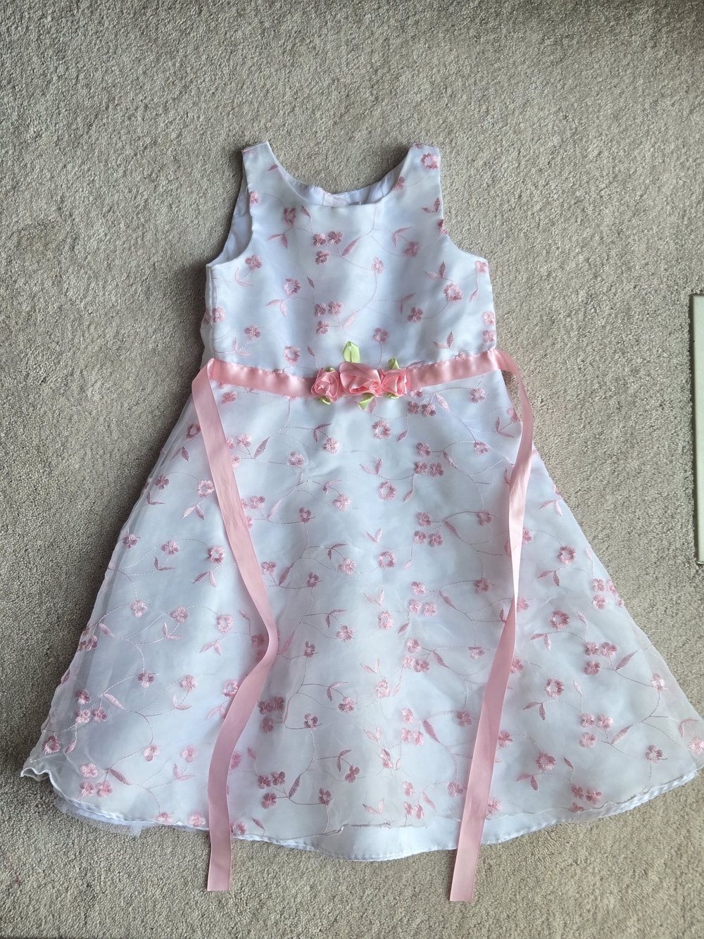 Girls White and Pink Floral Organza Dress with Ribbon